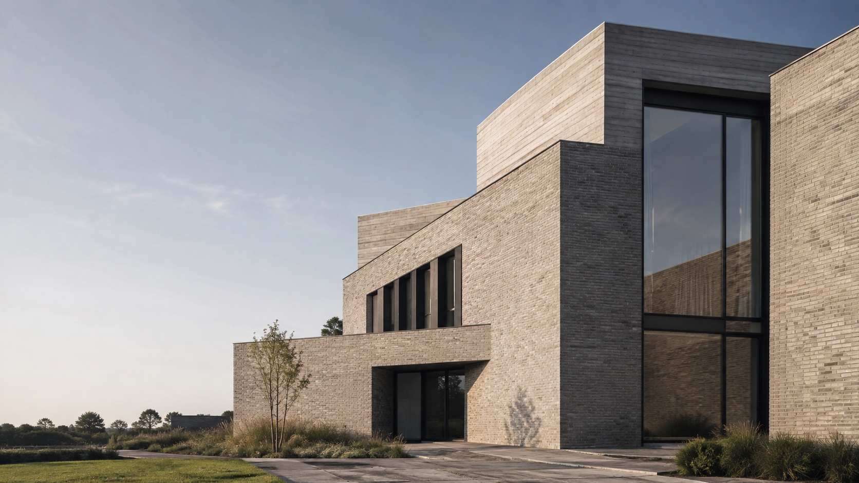 Sfeerbeeld van een modern gebouw met bakstenen gevels en grote raampartijen
